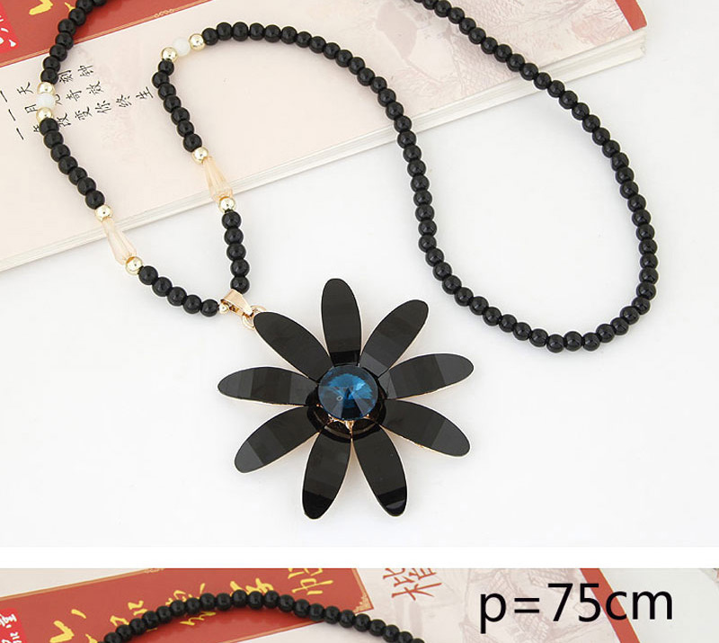 Fashion Black+blue Flower Pendant Decorated Long Necklace,Beaded Necklaces
