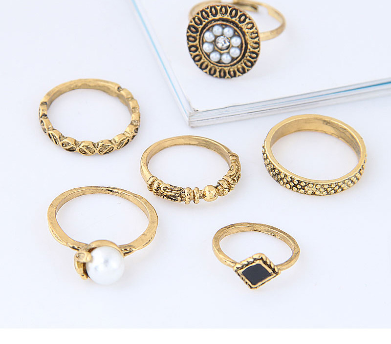 Fashion Gold Color Pearl&diamond Decorated Flower Shape Ring (6pcs),Fashion Rings