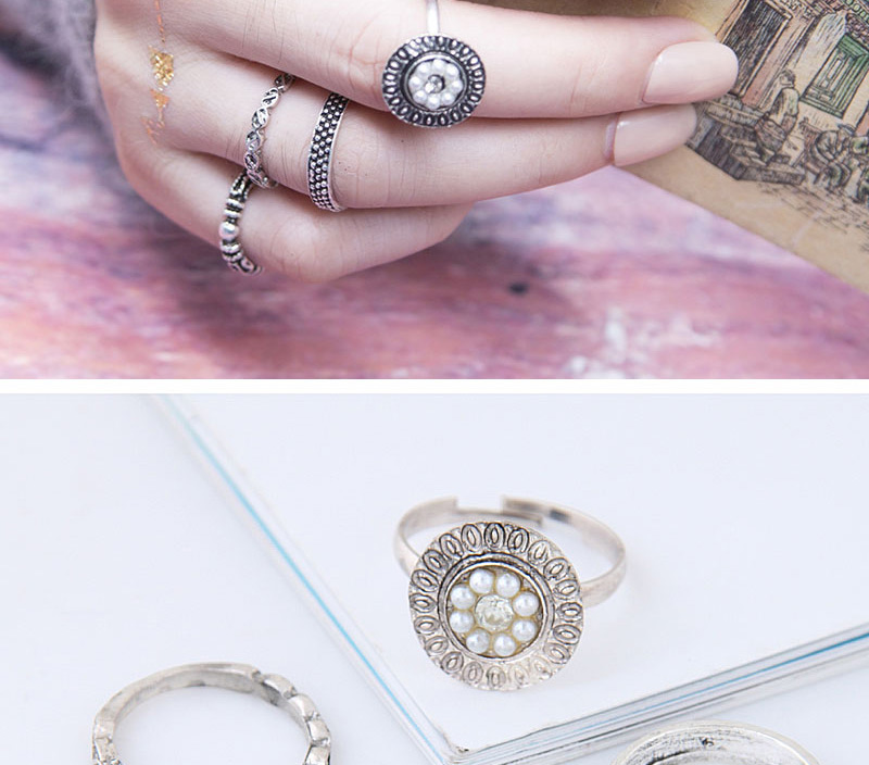 Fashion Silver Color Pearl&diamond Decorated Flower Shape Ring (6pcs),Fashion Rings