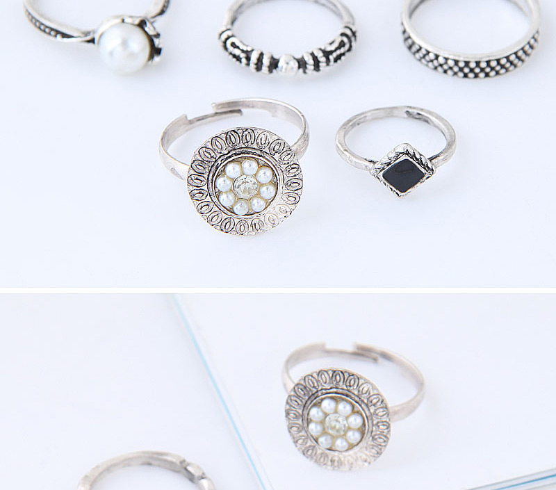 Fashion Silver Color Pearl&diamond Decorated Flower Shape Ring (6pcs),Fashion Rings