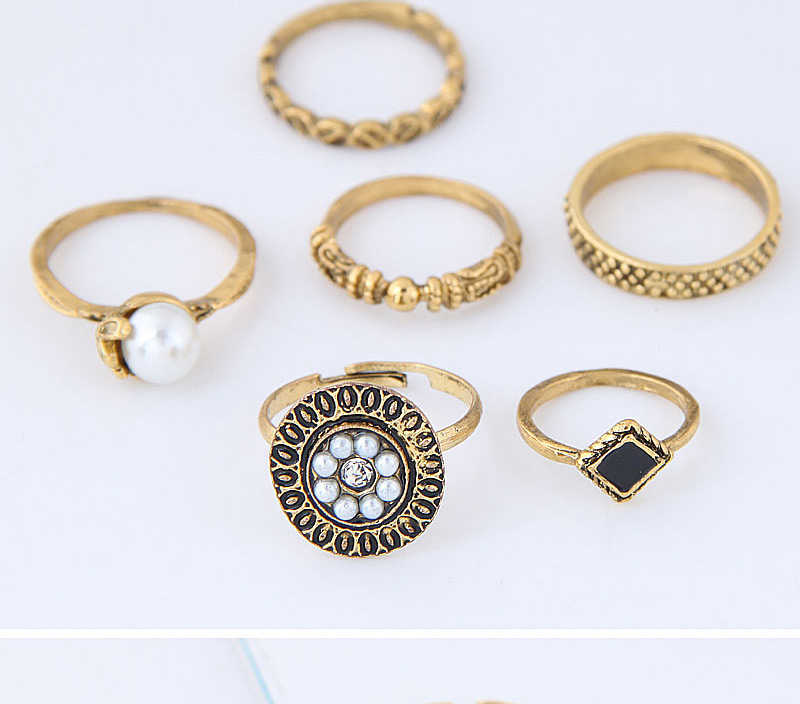 Fashion Gold Color Pearl&diamond Decorated Flower Shape Ring (6pcs),Fashion Rings