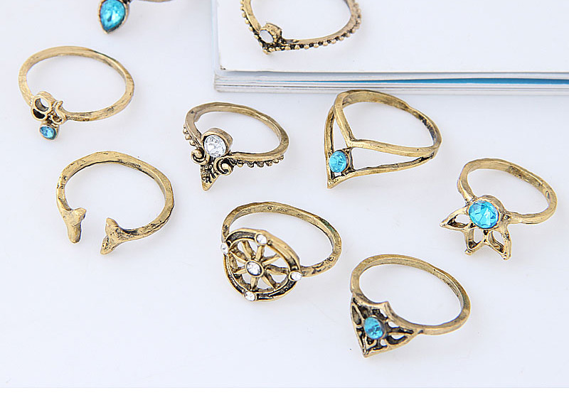 Fashion Blue+gold Color Wheel Shape Decorated Ring (9pcs),Fashion Rings