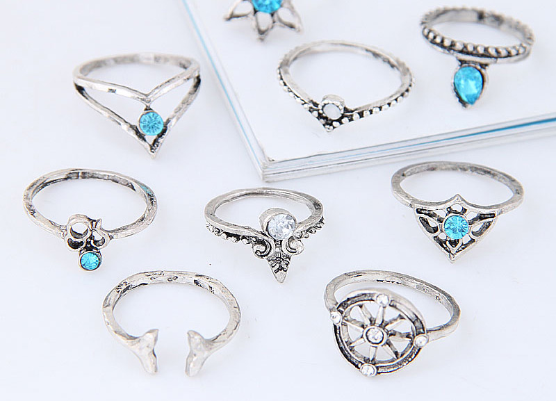 Fashion Blue+silver Color Wheel Shape Decorated Ring (9pcs),Fashion Rings