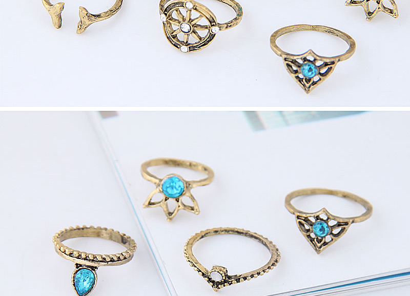 Fashion Blue+gold Color Wheel Shape Decorated Ring (9pcs),Fashion Rings