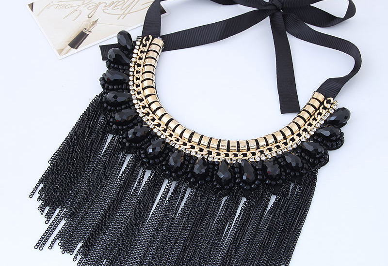 Fashion Black+gold Color Long Tassel Decorated Simple Necklace,Bib Necklaces