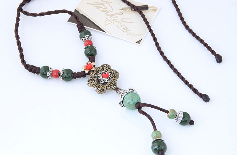 Bohemia Green Flower&beads Decorated Hand-woven Necklace,Beaded Necklaces