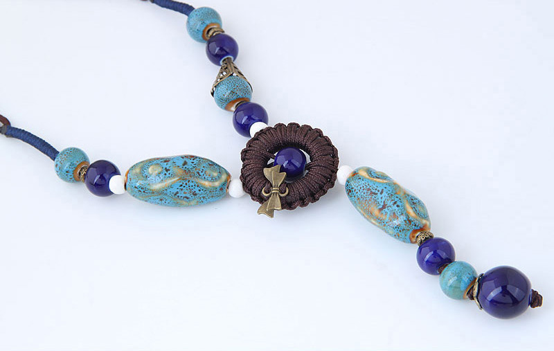 Bohemia Blue Bowknot&beads Decorated Hand-woven Necklace,Beaded Necklaces