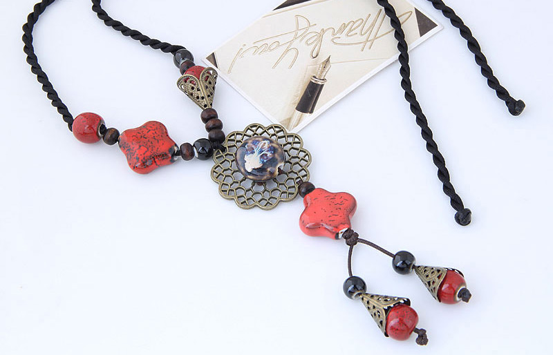 Bohemia Red Hollow Out Flower Decorated Long Necklace,Beaded Necklaces