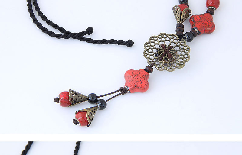 Bohemia Red Hollow Out Flower Decorated Long Necklace,Beaded Necklaces