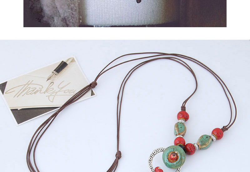 Bohemia Red+green Beads&circular Ring Decorated Long Necklace,Beaded Necklaces