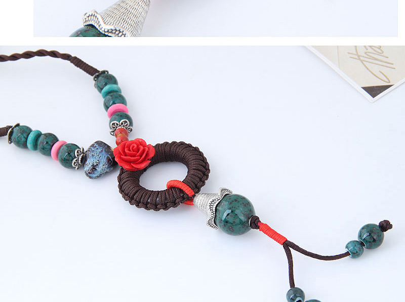 Bohemia Green+brown Flower&beads Decorated Hand-woven Necklace,Beaded Necklaces