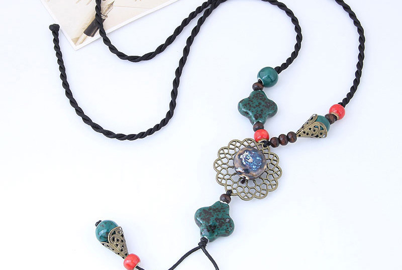 Bohemia Green+red Hollow Out Flower Decorated Long Necklace,Beaded Necklaces