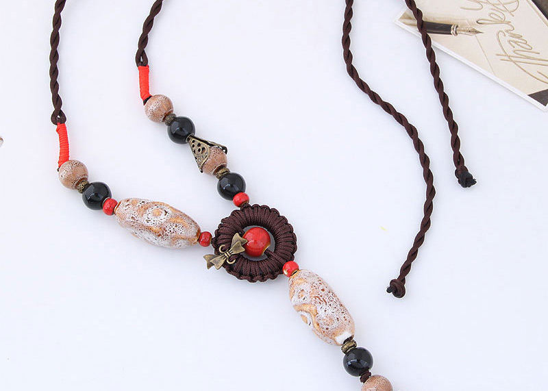 Bohemia Pink+brown Bowknot&beads Decorated Hand-woven Necklace,Beaded Necklaces