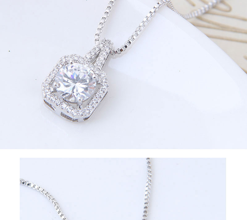 Elegant Silver Color Square Shape Diamond Decorated Necklace,Pendants