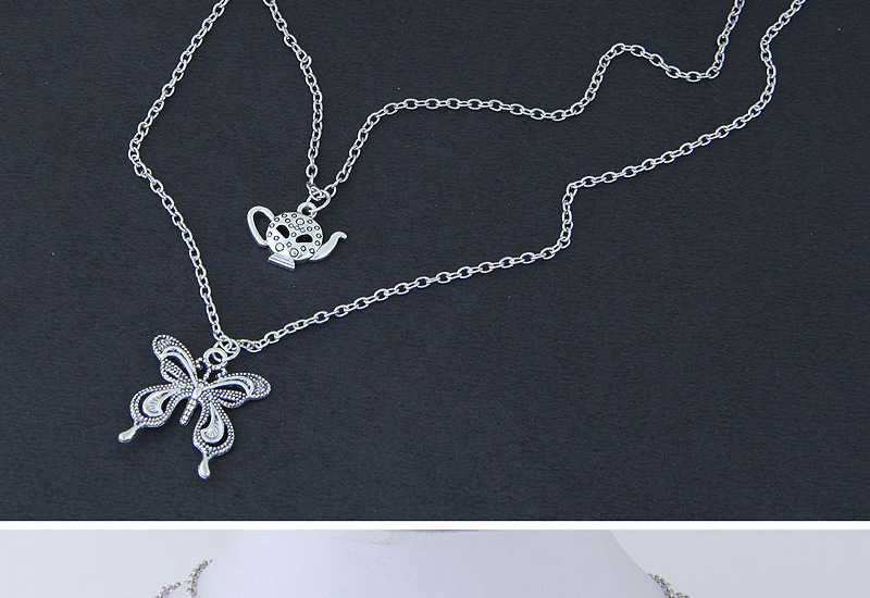 Elegant Silver Color Teapot&butterfly Decorated Double Layer Necklace,Bib Necklaces