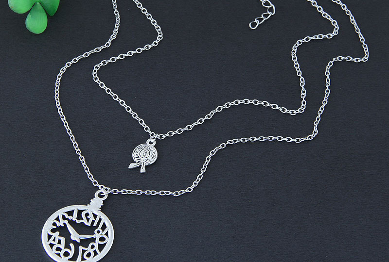 Elegant Silver Color Clock Pendant Decorated Double Layer Necklace,Bib Necklaces