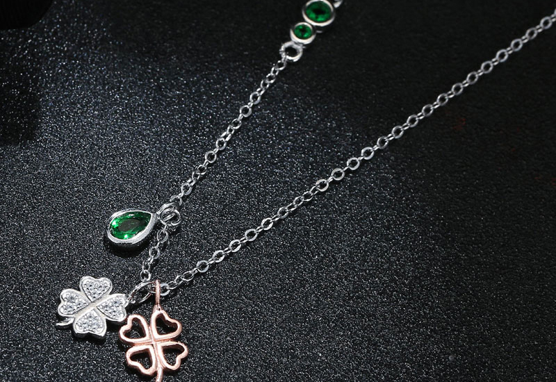 Elegant Silver Color+green Clover Shape Decorated Necklace,Pendants