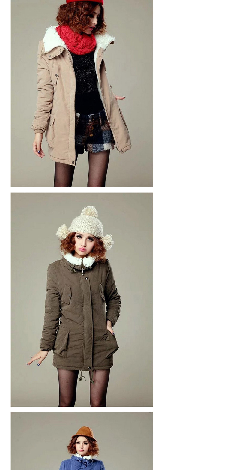 Trendy Khaki Pure Color Decorated Cotton-padded Clothes,Coat-Jacket