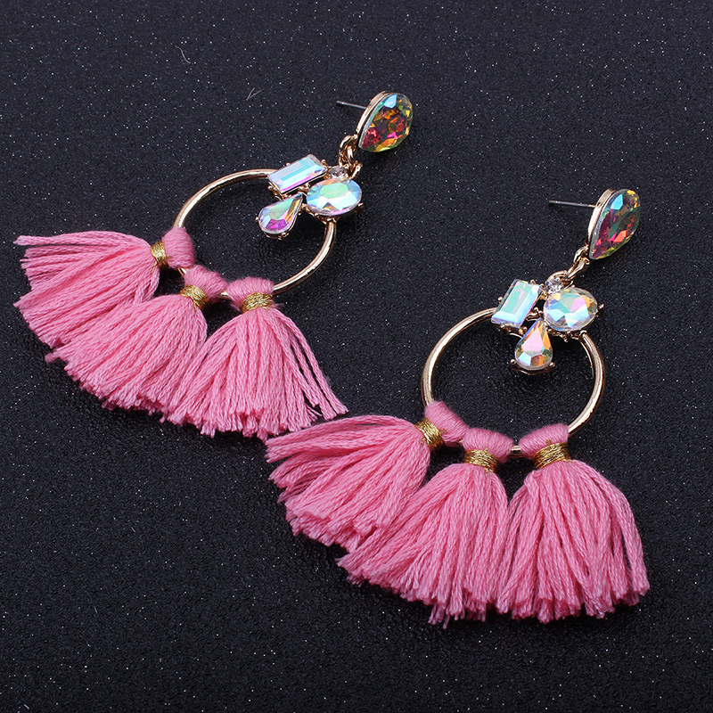 Fashion Pink Tassel Decorated Circular Ring Shape Earrings,Drop Earrings