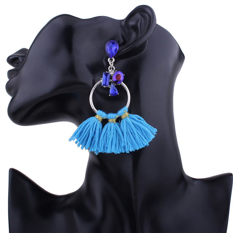 Fashion Blue Tassel Decorated Circular Ring Shape Earrings,Drop Earrings