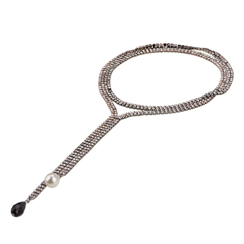 Personalized Black Full Diamond Decorated Long Tassel Choker,Multi Strand Necklaces