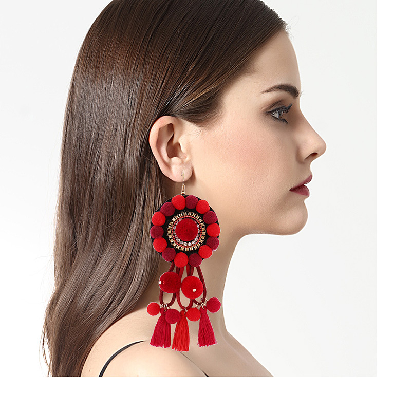 Exaggerated Red Tassel Decorated Round Earrings,Drop Earrings