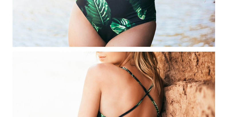 Sexy Black+green Leaf Pattern Decorated Bandage Design Bikini,One Pieces