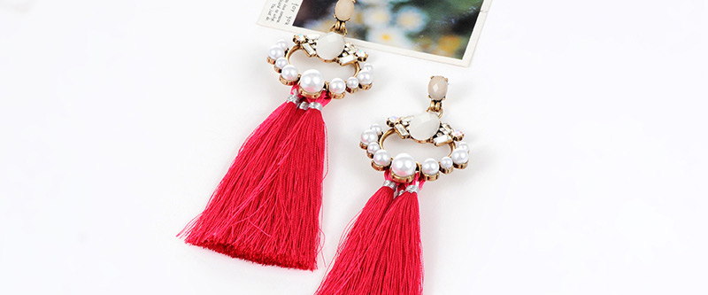 Fashion Plum Red Pearls&diamond Decorated Tassel Earrings,Thin Scaves