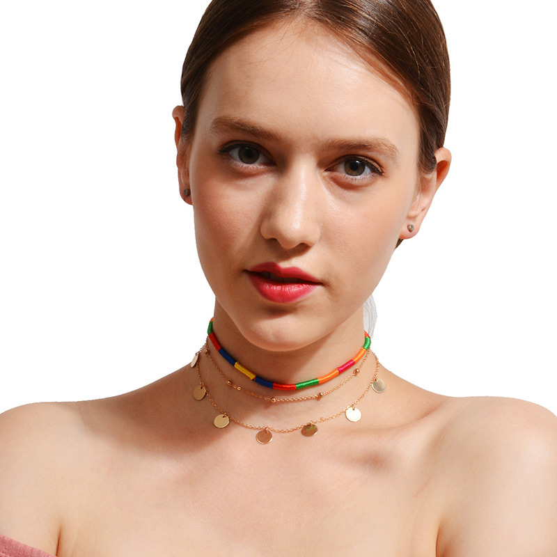 Bohemia Multi-color Round Shape Decorated Multilayer Choker,Multi Strand Necklaces
