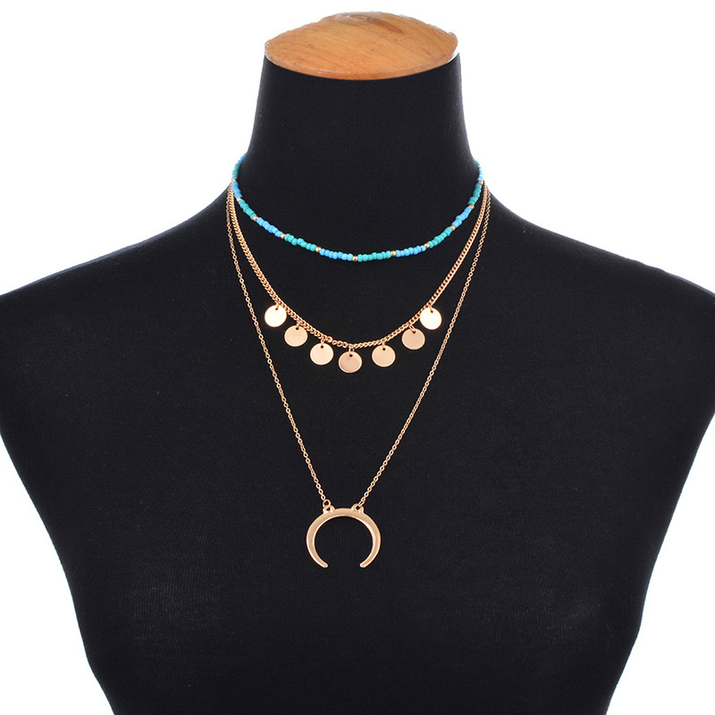 Bohemia Blue+gold Color Moon Decorated Multilayer Necklace,Beaded Necklaces