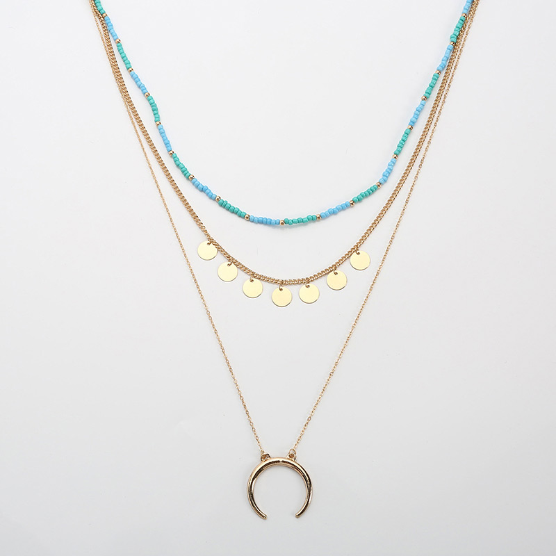 Bohemia Blue+gold Color Moon Decorated Multilayer Necklace,Beaded Necklaces