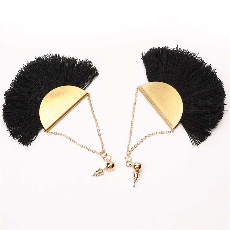 Exaggerated Black Tassel Decorated Earrings,Drop Earrings