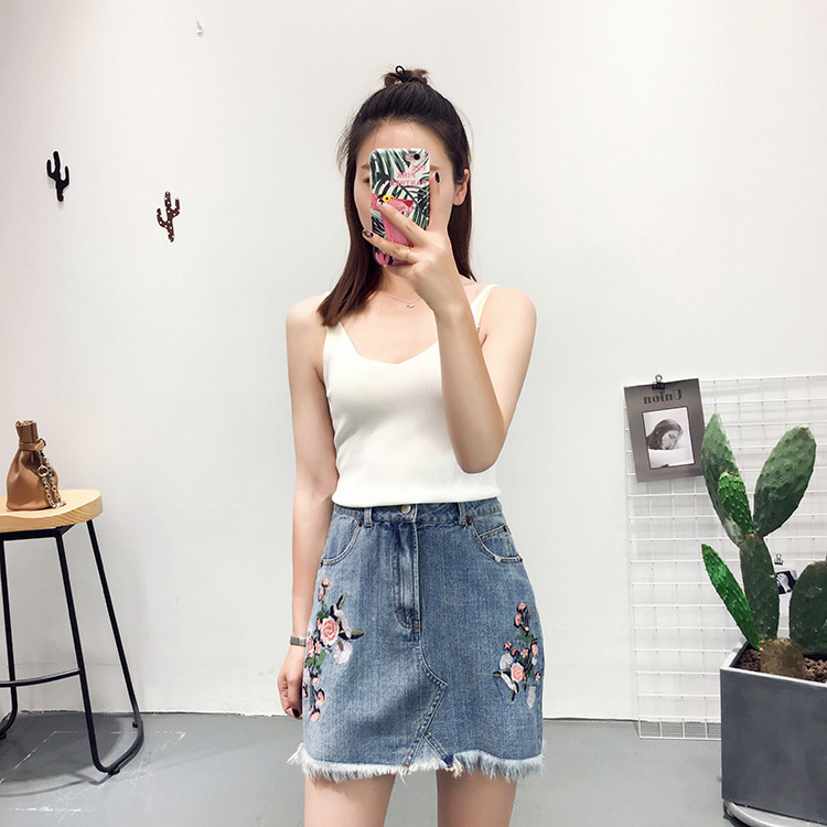 Fashion Blue Embroidery Flower Decorated Skirt,Skirts