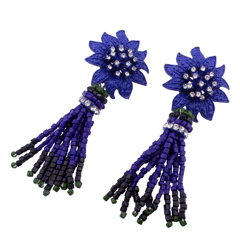 Fashion Blue Flower Shape Decorated Taseel Earrings,Drop Earrings