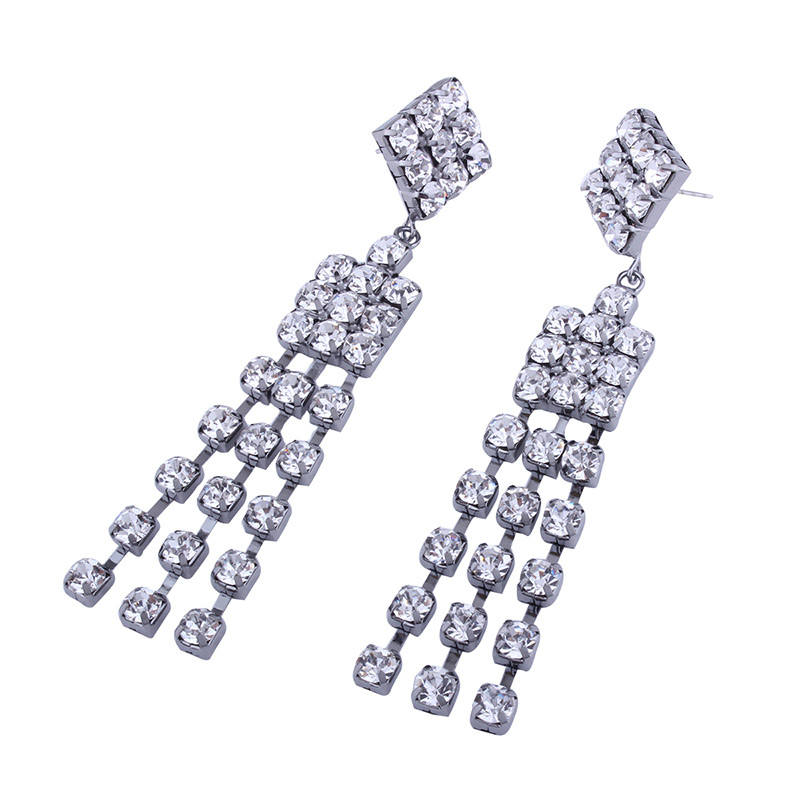 Elegant Silver Color Square Shape Decorated Tassel Earrings,Drop Earrings