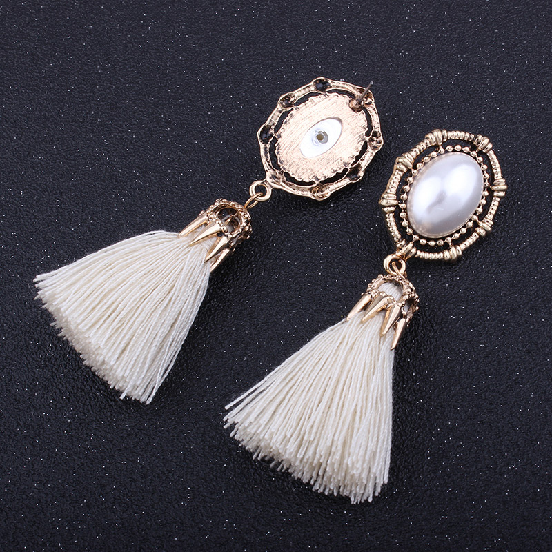 Vintage White Oval Shape Decorated Tassel Earrings,Drop Earrings