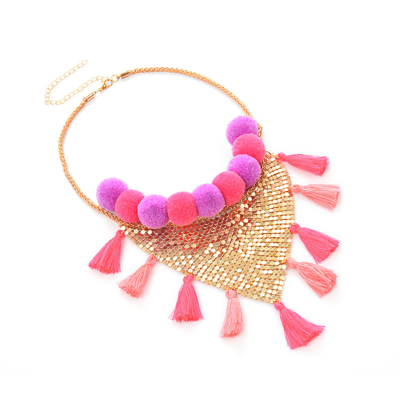 Fashion Gold Color+purple Tassel Decorated Pom Necklace,Thin Scaves
