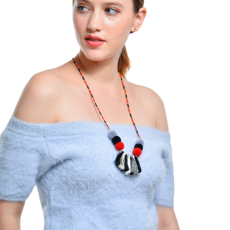 Fashion Multi-color Fuzzy Ball&tassel Decorated Long Pom Necklace,Thin Scaves