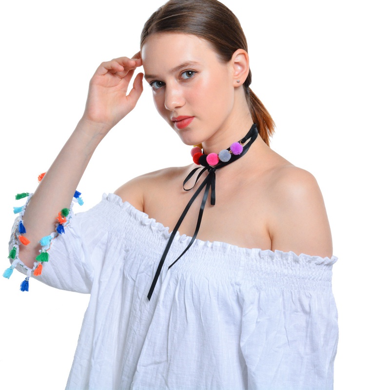 Fashion Multi-color Fuzzy Ball Decorated Color Matching Necklace,Multi Strand Necklaces