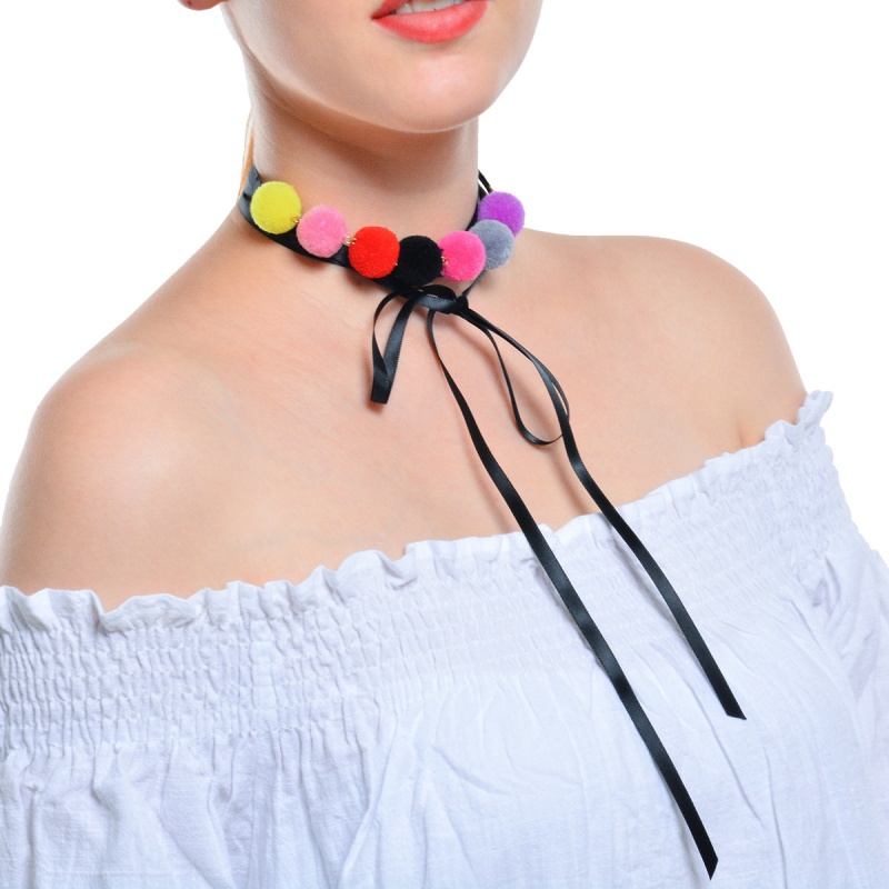 Fashion Multi-color Fuzzy Ball Decorated Color Matching Necklace,Multi Strand Necklaces