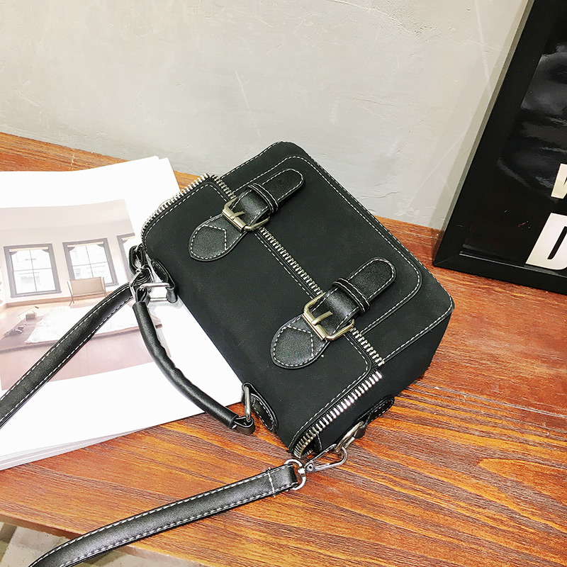 Vintage Black Double Belt Buckle Decorated Bag,Handbags
