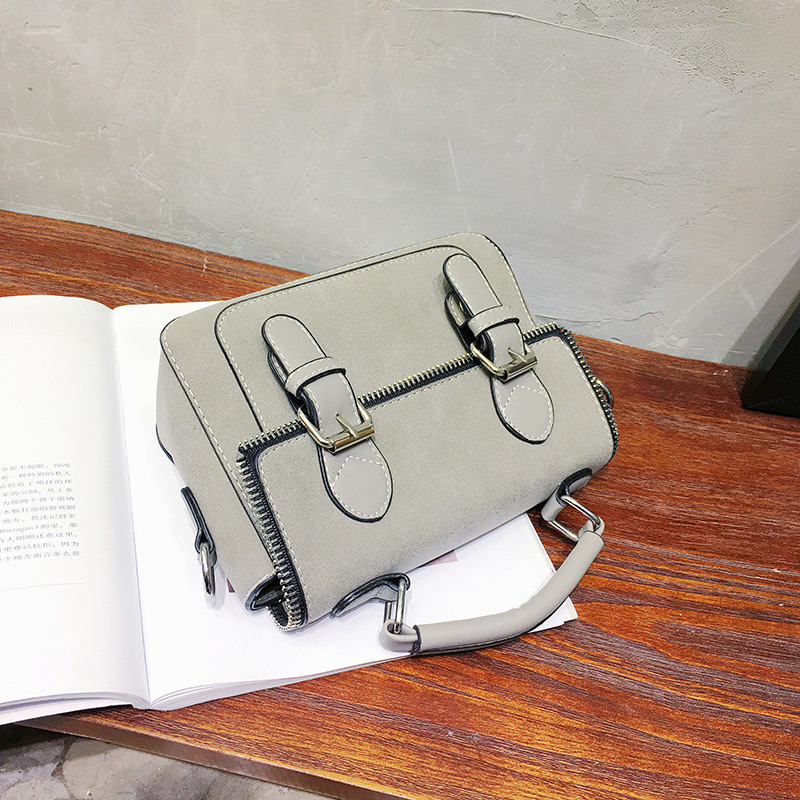 Vintage Gray Double Belt Buckle Decorated Bag,Handbags