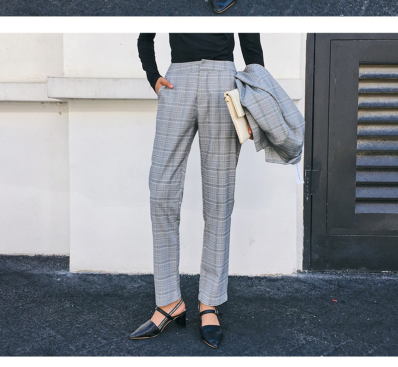 Fashion Gray Grid Pattern Decorated Trousers,Pants