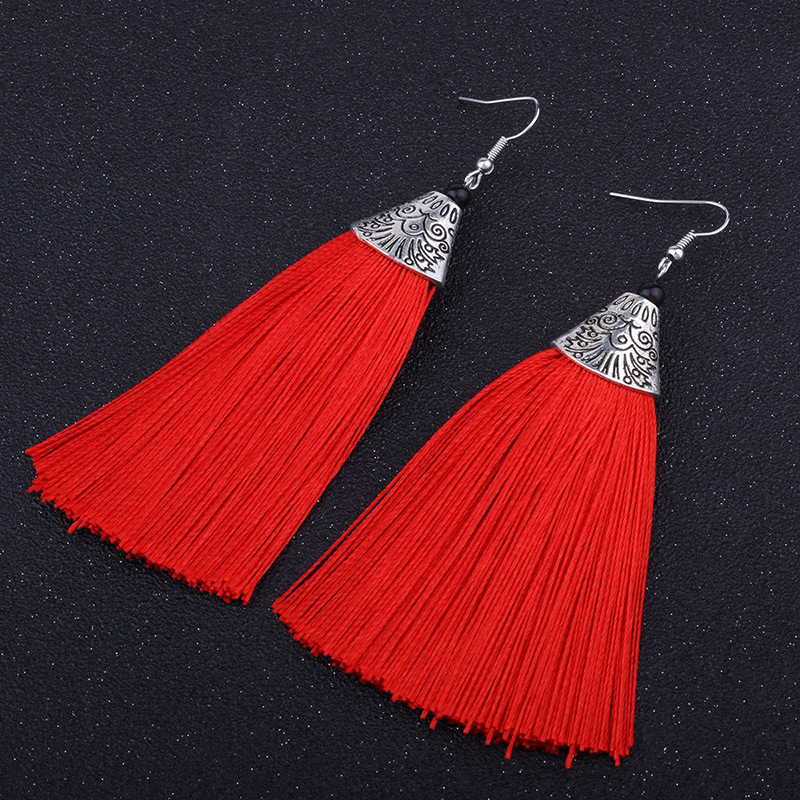 Vintage Red Long Tassel Decorated Pure Color Earrings,Drop Earrings
