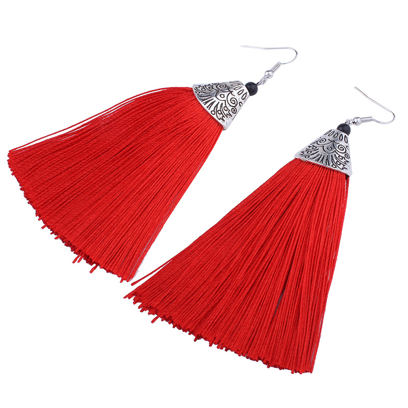 Vintage Plum Red Long Tassel Decorated Pure Color Earrings,Drop Earrings