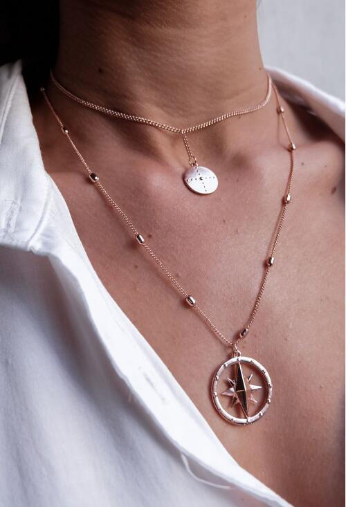 Elegant Gold Color Compass Pendant Ecorated Double Layer Necklace,Multi Strand Necklaces
