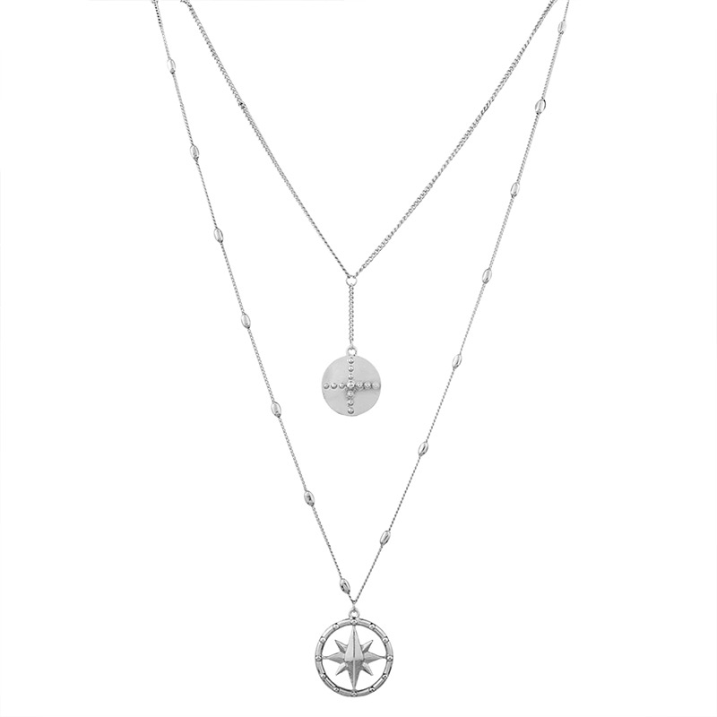 Elegant Silver Color Compass Pendant Ecorated Double Layer Necklace,Multi Strand Necklaces