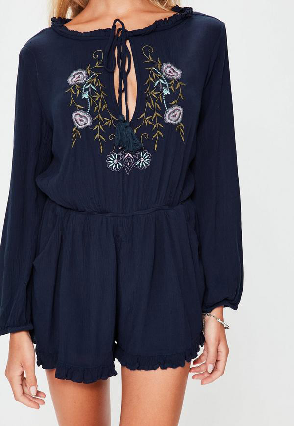 Fashion Navy Flower Pattern Decorated Long Sleeves Jumpsuit,Pants