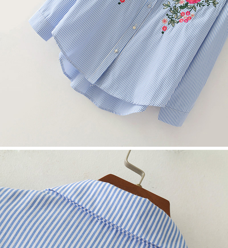 Fashion Blue+white Stripe Pattern Decorated Embroidery Shirt,Blouses
