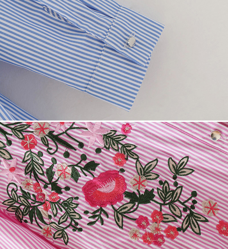 Fashion Blue+white Stripe Pattern Decorated Embroidery Shirt,Blouses